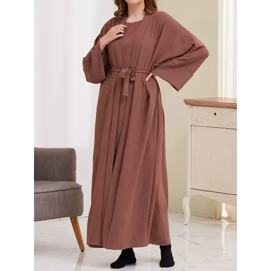 Long Sleeves Loose Solid Color Inner Dress + Tied Waist Outerwear Two Pieces Set