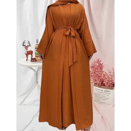 Long Sleeves Loose Solid Color Inner Dress + Tied Waist Outerwear Two Pieces Set