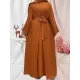 Long Sleeves Loose Solid Color Inner Dress + Tied Waist Outerwear Two Pieces Set