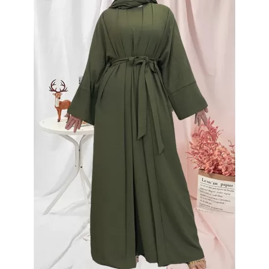 Long Sleeves Loose Solid Color Inner Dress + Tied Waist Outerwear Two Pieces Set