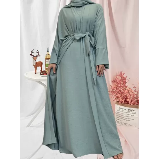 Long Sleeves Loose Solid Color Inner Dress + Tied Waist Outerwear Two Pieces Set