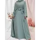 Long Sleeves Loose Solid Color Inner Dress + Tied Waist Outerwear Two Pieces Set