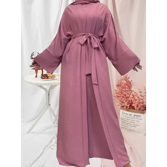 Long Sleeves Loose Solid Color Inner Dress + Tied Waist Outerwear Two Pieces Set