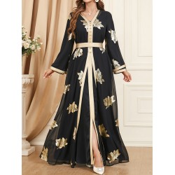 Belted Muslim Printed Split-Front Long Sleeves V-Neck Two Pieces Set Maxi Dresses