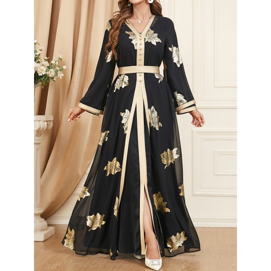 Belted Muslim Printed Split-Front Long Sleeves V-Neck Two Pieces Set Maxi Dresses