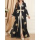 Belted Muslim Printed Split-Front Long Sleeves V-Neck Two Pieces Set Maxi Dresses