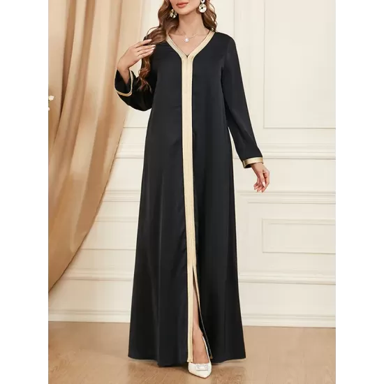 Belted Muslim Printed Split-Front Long Sleeves V-Neck Two Pieces Set Maxi Dresses