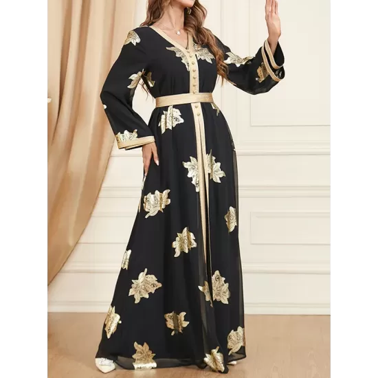 Belted Muslim Printed Split-Front Long Sleeves V-Neck Two Pieces Set Maxi Dresses