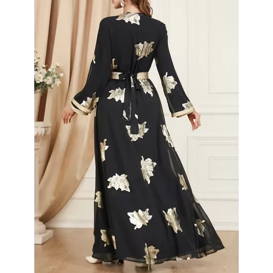 Belted Muslim Printed Split-Front Long Sleeves V-Neck Two Pieces Set Maxi Dresses