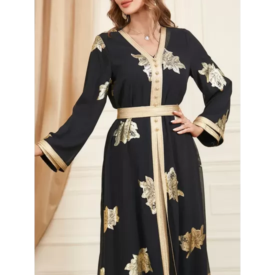 Belted Muslim Printed Split-Front Long Sleeves V-Neck Two Pieces Set Maxi Dresses