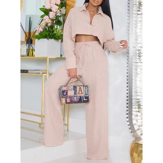 Solid Color Long Sleeves Blouse + Drawstring Elasticity High-Waisted Wide-Leg Pants Trousers Two Pieces Set