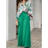 Loose Long Sleeves Floral Printed Blouses + High-Waisted Solid CoLor Wide Leg Pants Trousers Two Pieces Set