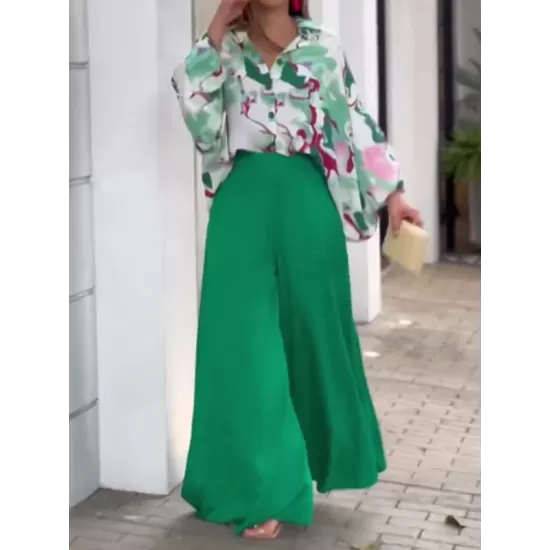 Loose Long Sleeves Floral Printed Blouses + High-Waisted Solid CoLor Wide Leg Pants Trousers Two Pieces Set