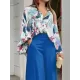 Loose Long Sleeves Floral Printed Blouses + High-Waisted Solid CoLor Wide Leg Pants Trousers Two Pieces Set