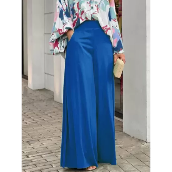 Loose Long Sleeves Floral Printed Blouses + High-Waisted Solid CoLor Wide Leg Pants Trousers Two Pieces Set