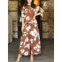 Flower Print Round-Neck T-Shirt&Wide Leg Pants Bottom Two Pieces Set