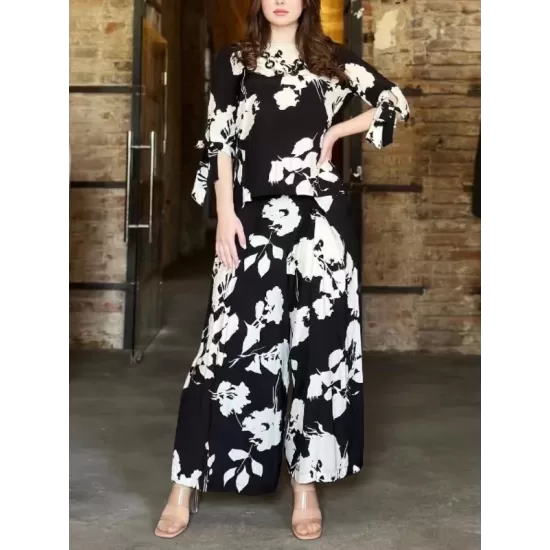 Flower Print Round-Neck T-Shirt&Wide Leg Pants Bottom Two Pieces Set