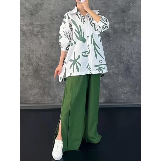 Lapel Printed High-Low Buttoned Pockets Blouse+ High Waisted Elasticity Pleated Split-Side Pants Two Pieces Set