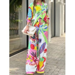 Contrast Color Printed Lapel Long Sleeves Buttoned Blouses Top+ High Waisted Pants Bottom Two Pieces Set