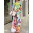 Contrast Color Printed Lapel Long Sleeves Buttoned Blouses Top+ High Waisted Pants Bottom Two Pieces Set