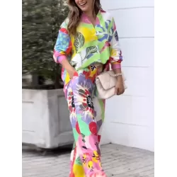 Contrast Color Printed Lapel Long Sleeves Buttoned Blouses Top+ High Waisted Pants Bottom Two Pieces Set