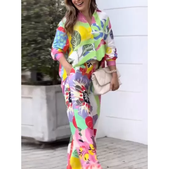 Contrast Color Printed Lapel Long Sleeves Buttoned Blouses Top+ High Waisted Pants Bottom Two Pieces Set