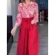 Printed Buttoned Lapel Blouse + Tied Waist High Waisted Wide Leg Pants Two Pieces Set