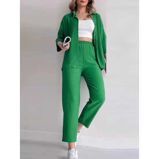 Solid Color High-Low Buttoned Split-Side Lapel Blouses Top+ Elasticity High Waisted  Pants Two Pieces Set