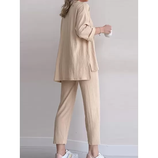 Solid Color High-Low Buttoned Split-Side Lapel Blouses Top+ Elasticity High Waisted  Pants Two Pieces Set