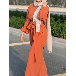 Solid Color Long Sleeves Elasticity Pleated Round-Neck Tied Waist Blouses Top + Wide Leg High Waisted Pants Bottom Two Pieces Set