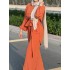 Solid Color Long Sleeves Elasticity Pleated Round-Neck Tied Waist Blouses Top + Wide Leg High Waisted Pants Bottom Two Pieces Set