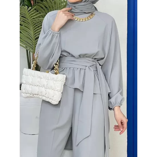 Solid Color Long Sleeves Elasticity Pleated Round-Neck Tied Waist Blouses Top + Wide Leg High Waisted Pants Bottom Two Pieces Set