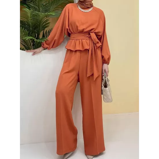 Solid Color Long Sleeves Elasticity Pleated Round-Neck Tied Waist Blouses Top + Wide Leg High Waisted Pants Bottom Two Pieces Set