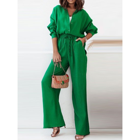 Solid Color Split-Joint High-Low Long Sleeves Buttoned Lapel Blouses + Drawstring Pants Two Pieces Set