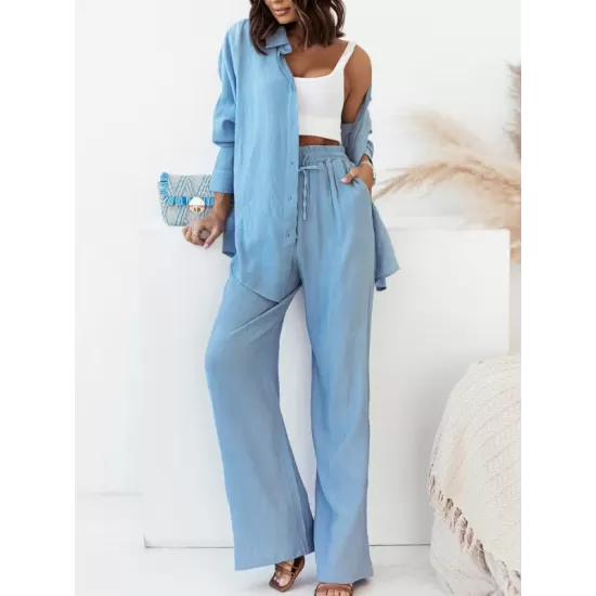 Solid Color Split-Joint High-Low Long Sleeves Buttoned Lapel Blouses + Drawstring Pants Two Pieces Set