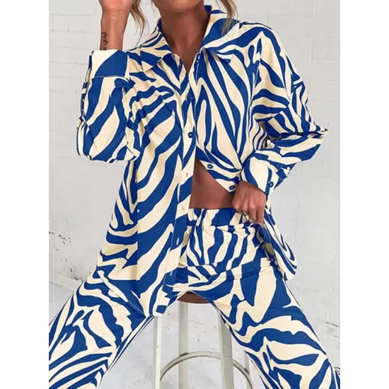 Plus Size Zebra-Stripe  Buttoned Lapel Long Sleeves Blouses Top + Elasticity Pants Bottom Two Pieces Set