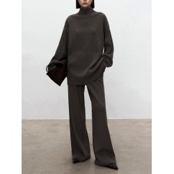 Solid Color Long Sleeves High-Neck Sweater Top + Wide Leg Pants Bottom Two Pieces Set