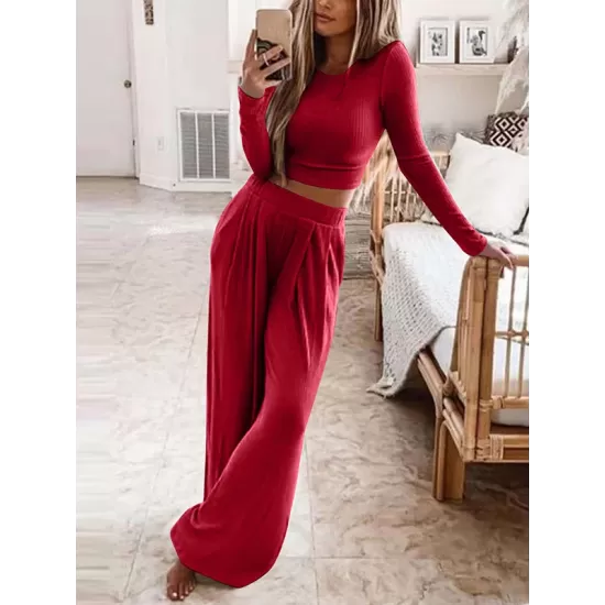 Plus Size Solid Color Long Sleeves Round-Neck Shirts Top + Pants Bottom Two Pieces Set