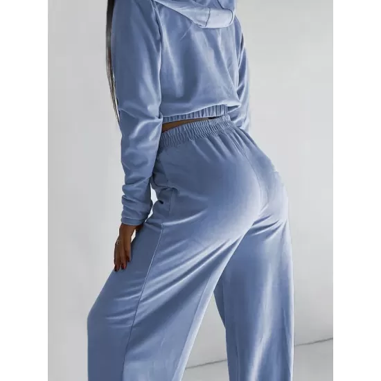 Solid Color Elasticity Hooded Zipper V-neck Long Sleeves Outerwear Top + High Waisted Pants Bottom Two Pieces Set