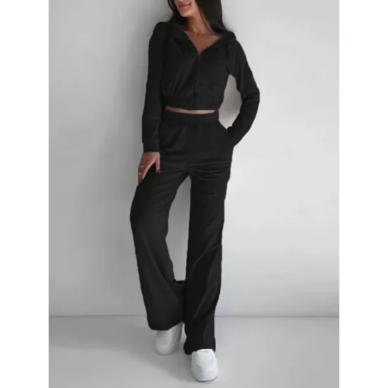 Solid Color Elasticity Hooded Zipper V-neck Long Sleeves Outerwear Top + High Waisted Pants Bottom Two Pieces Set