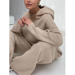 Solid Color Loose Round-Neck Hooded Long Sleeves Sweater Top + Drawstring Pants Bottom Two Pieces Set