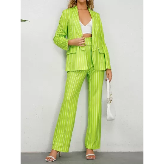 Striped Lapel Long Sleeves Blazer Top + Wide Leg Pants Bottom Two Pieces Set