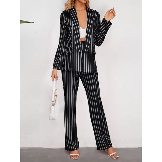 Striped Lapel Long Sleeves Blazer Top + Wide Leg Pants Bottom Two Pieces Set