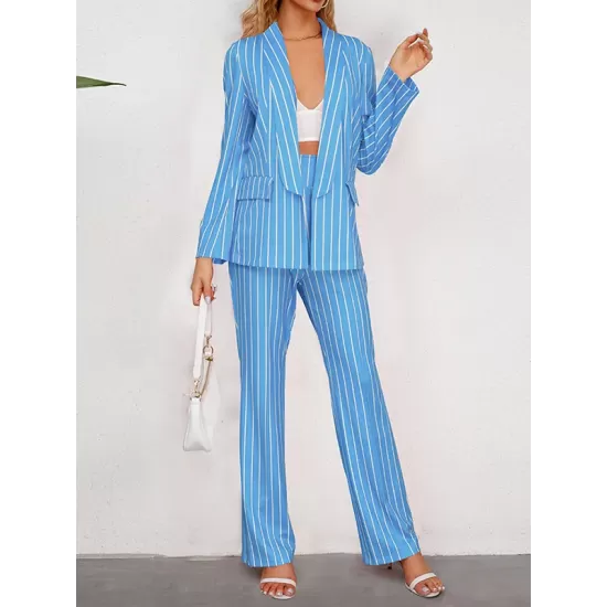 Striped Lapel Long Sleeves Blazer Top + Wide Leg Pants Bottom Two Pieces Set