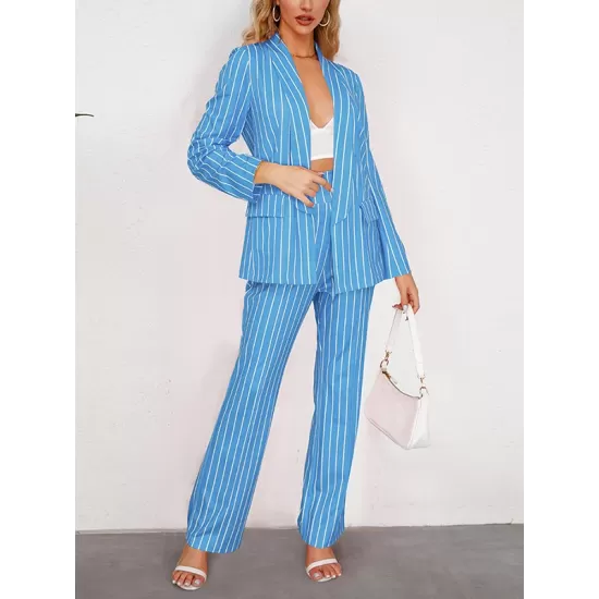 Striped Lapel Long Sleeves Blazer Top + Wide Leg Pants Bottom Two Pieces Set