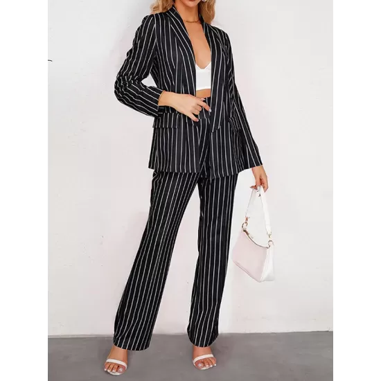 Striped Lapel Long Sleeves Blazer Top + Wide Leg Pants Bottom Two Pieces Set