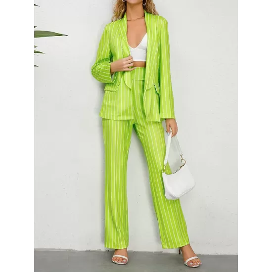 Striped Lapel Long Sleeves Blazer Top + Wide Leg Pants Bottom Two Pieces Set