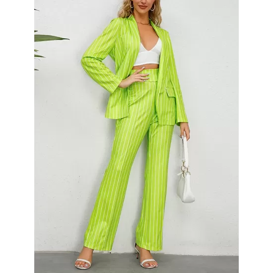 Striped Lapel Long Sleeves Blazer Top + Wide Leg Pants Bottom Two Pieces Set