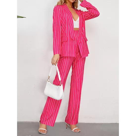 Striped Lapel Long Sleeves Blazer Top + Wide Leg Pants Bottom Two Pieces Set