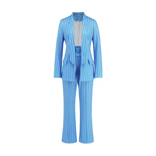 Striped Lapel Long Sleeves Blazer Top + Wide Leg Pants Bottom Two Pieces Set